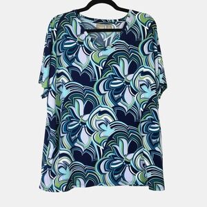 Chico's Floral Swirl V-Neck T-Shirt Abstract Womens 3 Blue Green